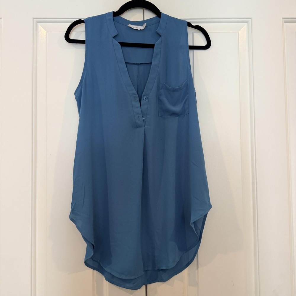 Lush Blouse Womens XS Blue Teal Sleeveless Henley Tunic Top Pocket High Low Hem